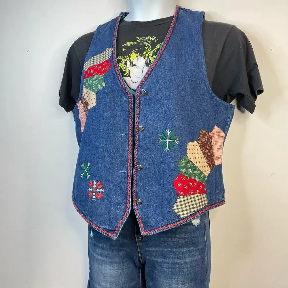 Susan Bristol Vintage Patchwork Embroidered Denim Boho Western Country Vest M - Picture 8 of 12
